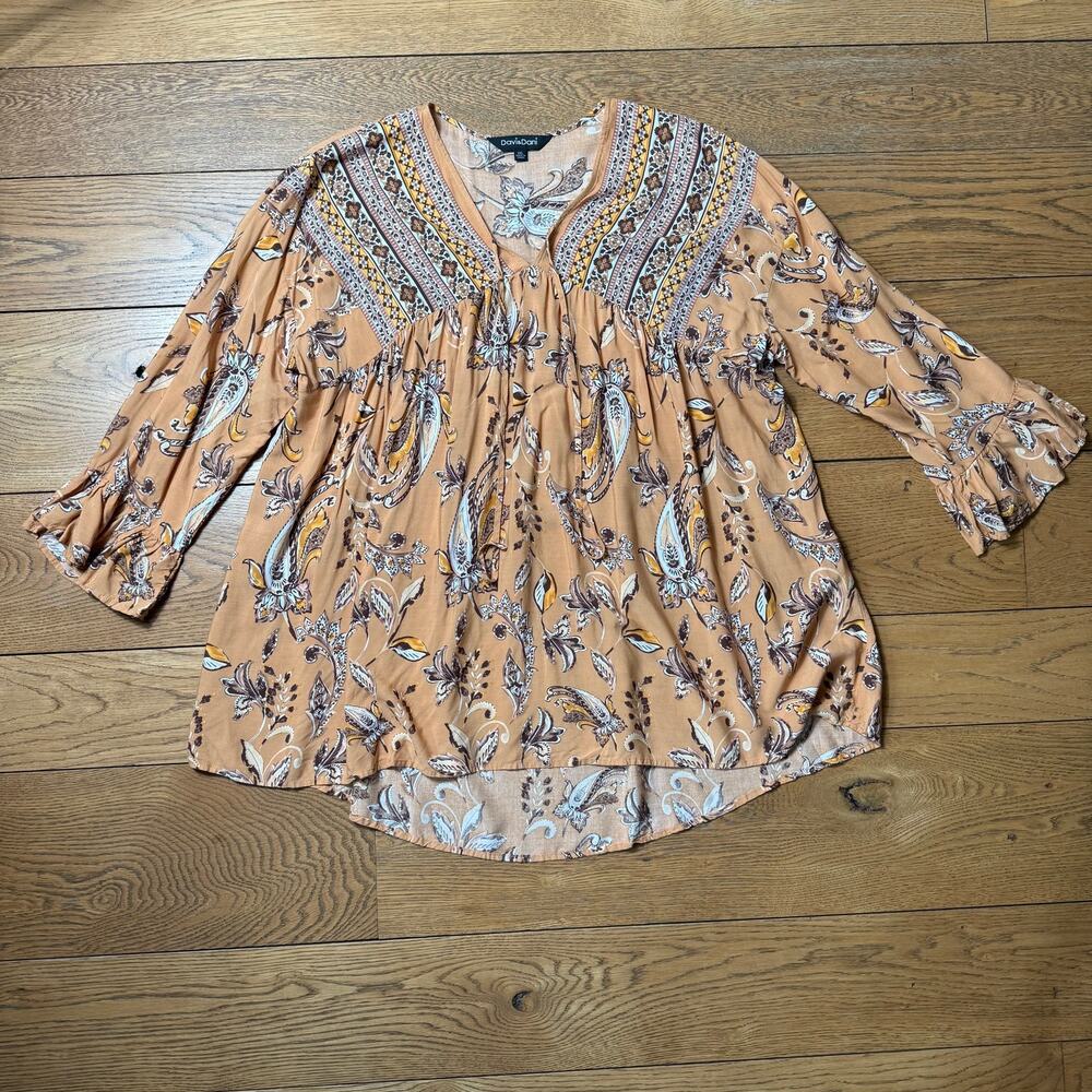 Davi & Dani Women Long Sleeve Boho Peasant Top 2XL Paisley Brown Floral Fall